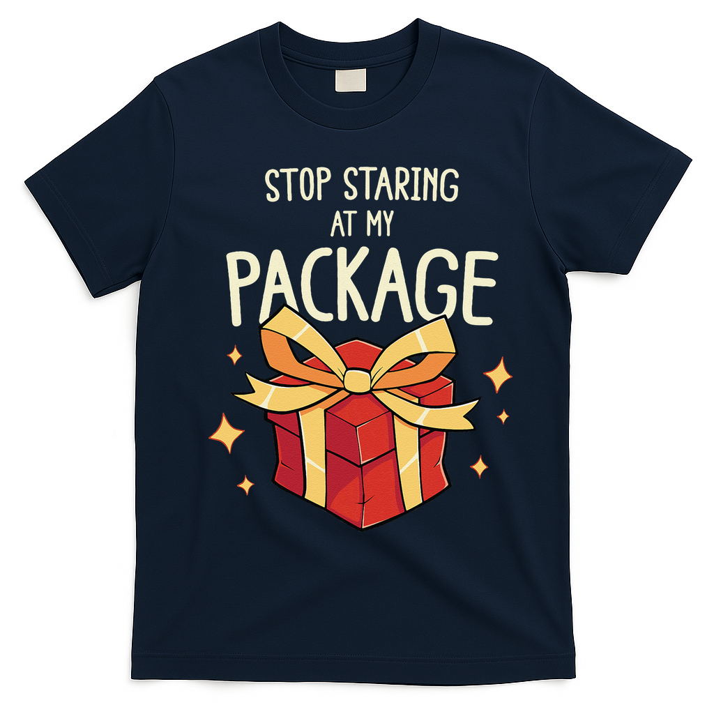 Stop Staring At My Package Funny Rude Xmas Christmas T-Shirt - Navy Blue