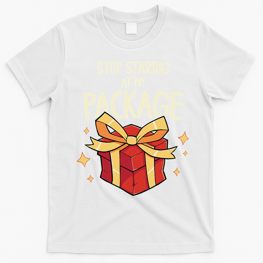 Stop Staring At My Package Funny Rude Xmas Christmas T-Shirt - White