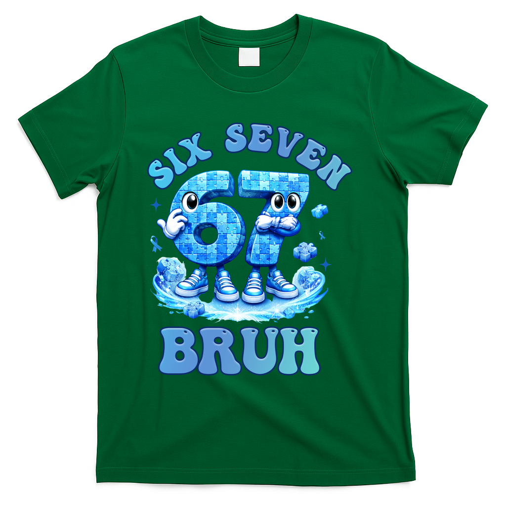 Six Seven Bruh 67 Autism Puzzle 6-7 Brainrot Meme T-Shirt - Green