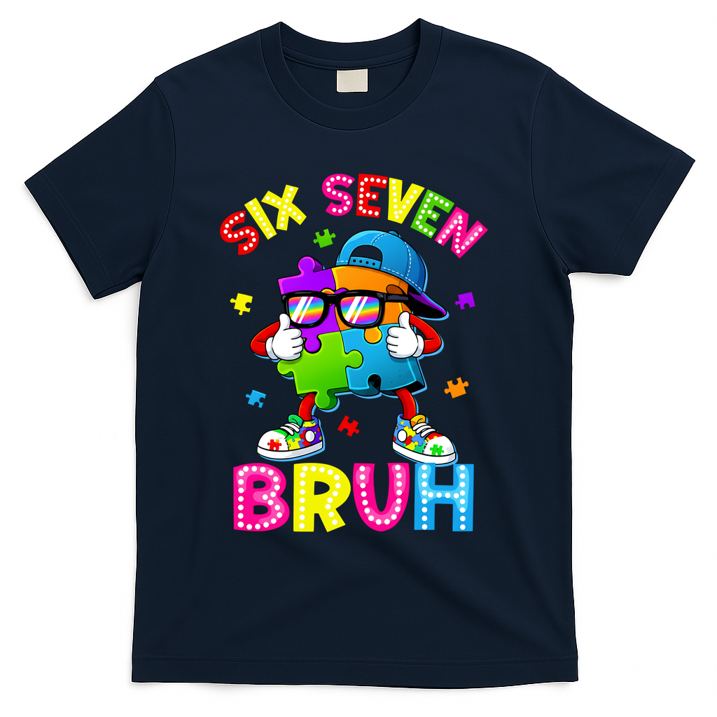 Six Seven Bruh 67 Autism Puzzle 6-7 Meme T-Shirt - Navy