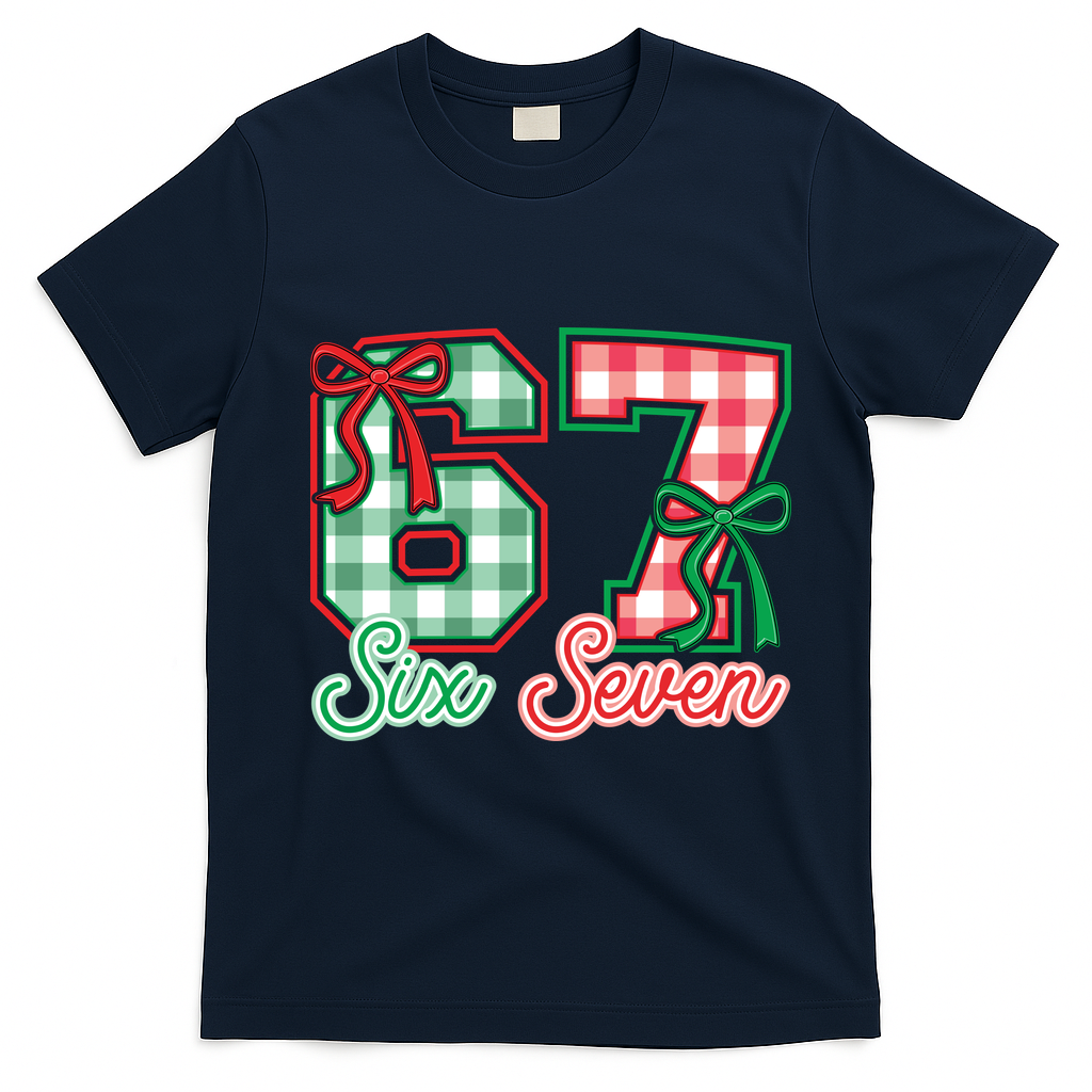 Six Seven Bow Funny 67 Christmas 6-7 T-Shirt - Navy Blue