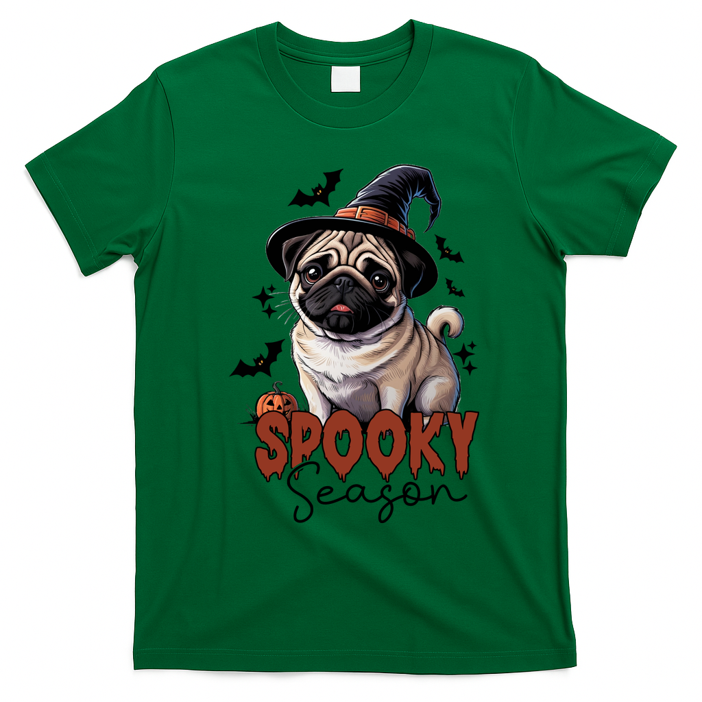 Spooky Season Cute Pug Halloween Graphic T-Shirt - Irish Green