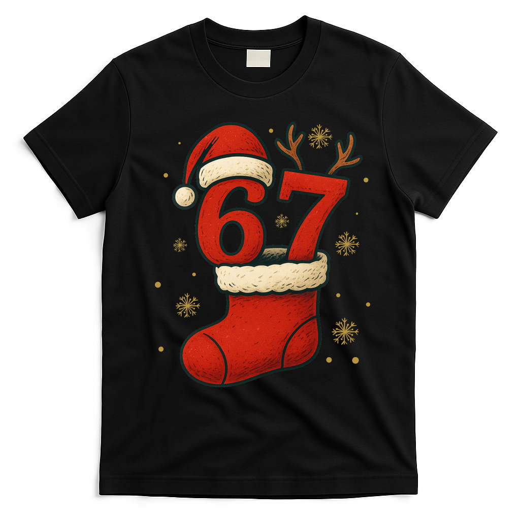 Six Seven Christmas 67 Stocking Santa Reindeer T-Shirt - Black