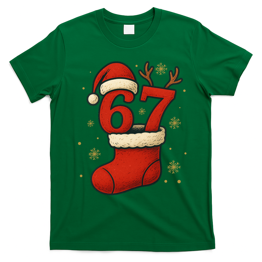 Six Seven Christmas 67 Stocking Santa Reindeer T-Shirt - Irish Green