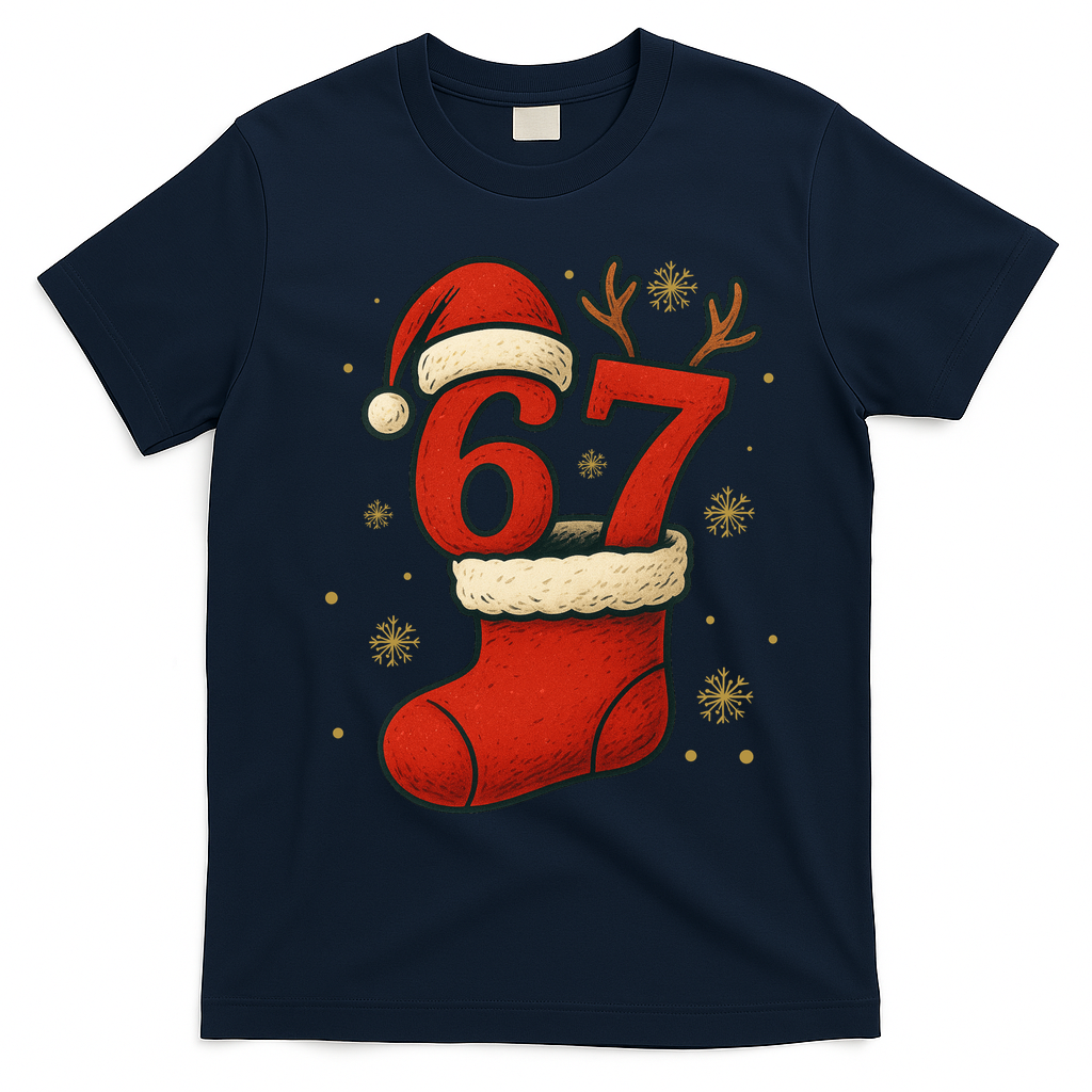 Six Seven Christmas 67 Stocking Santa Reindeer T-Shirt - Navy Blue