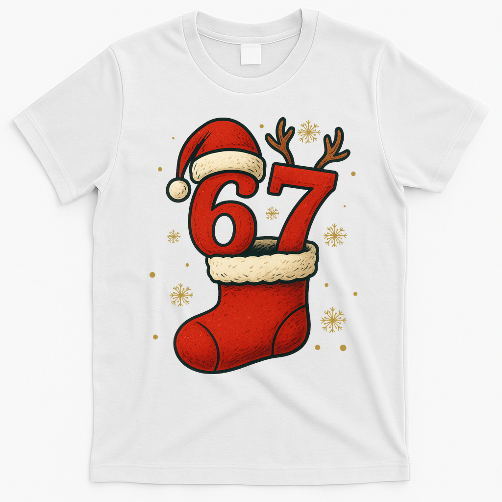 Six Seven Christmas 67 Stocking Santa Reindeer T-Shirt - White