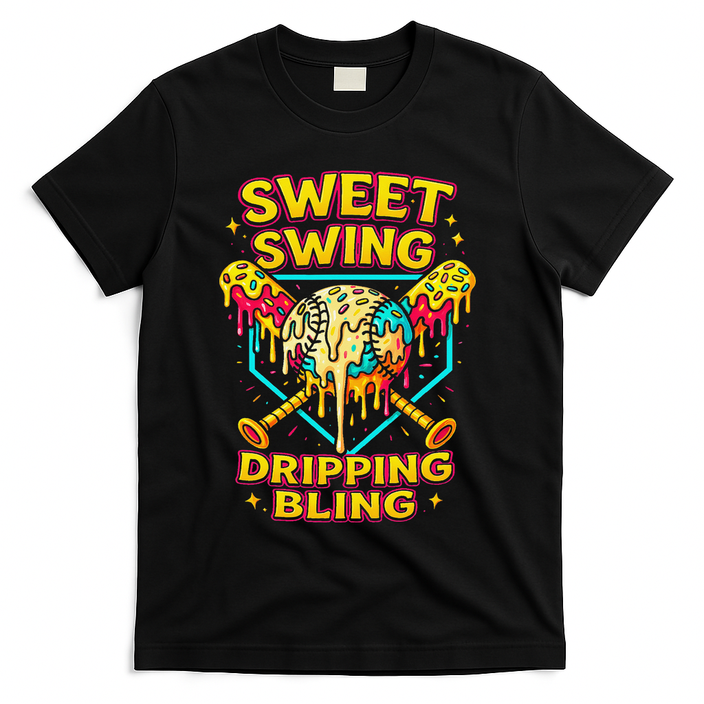 Sweet Swing Dripping Bling Baseball T-Shirt - Black