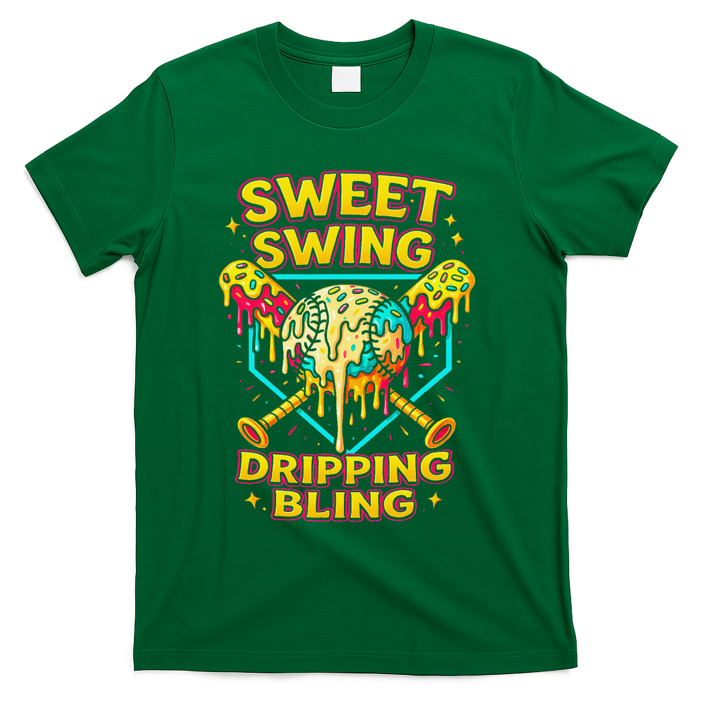 Sweet Swing Dripping Bling Baseball T-Shirt - Green