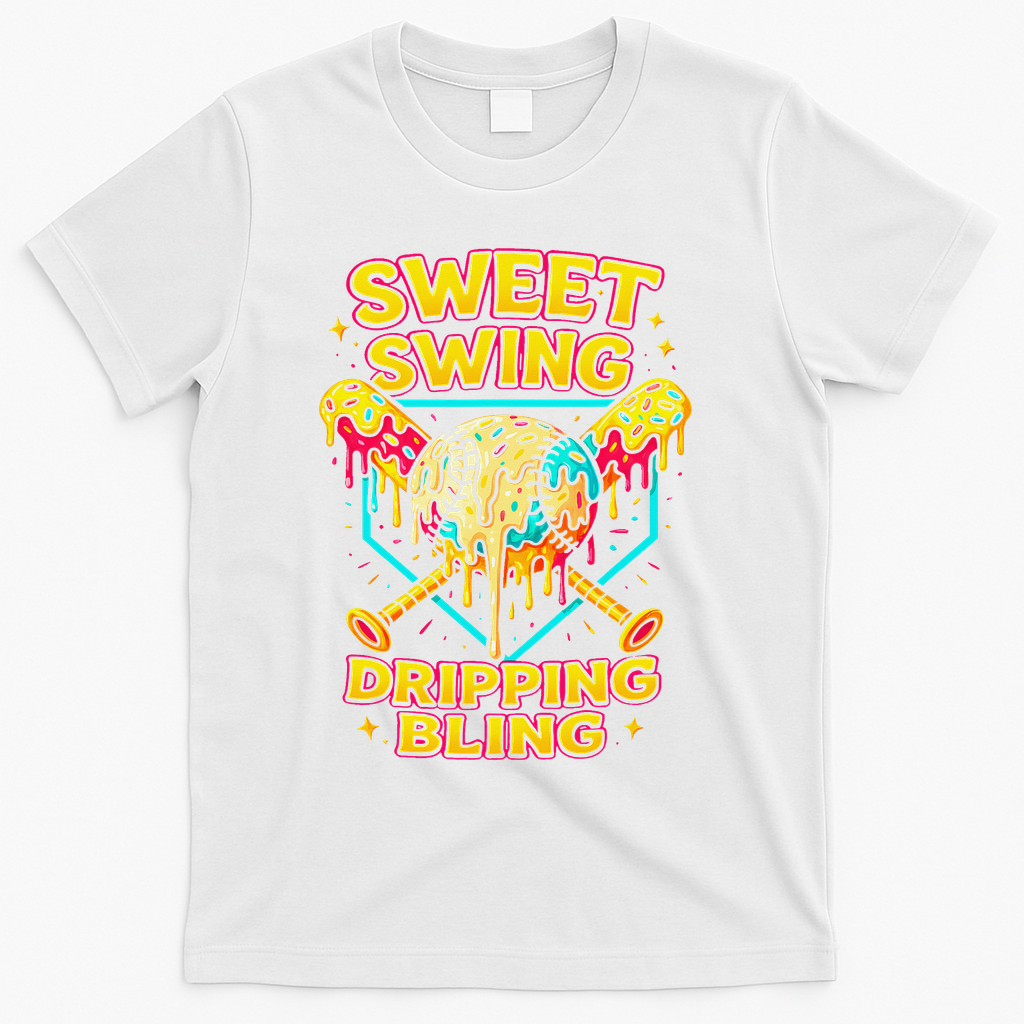 Sweet Swing Dripping Bling Baseball T-Shirt - White