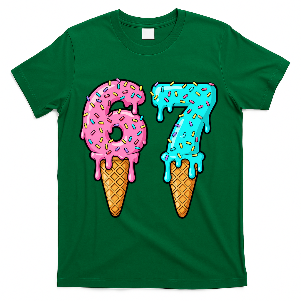 Six Seven Funny 67 Ice Cream Cone Drip Meme T-Shirt - Green