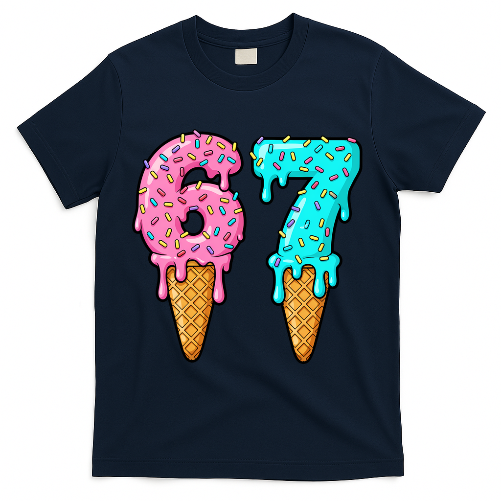 Six Seven Funny 67 Ice Cream Cone Drip Meme T-Shirt - Navy
