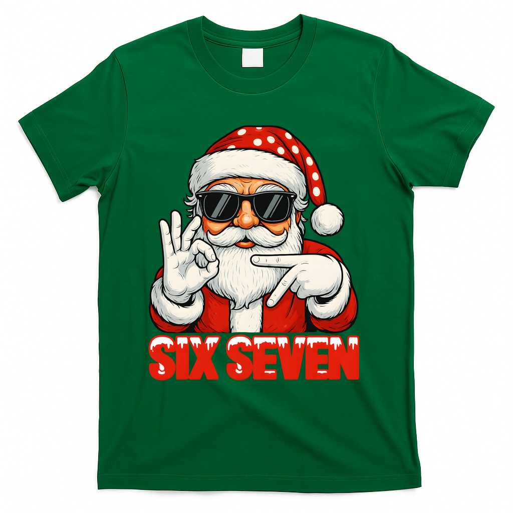 Six Seven Meme Christmas Cool Santa Saying 6-7 T-Shirt - Green