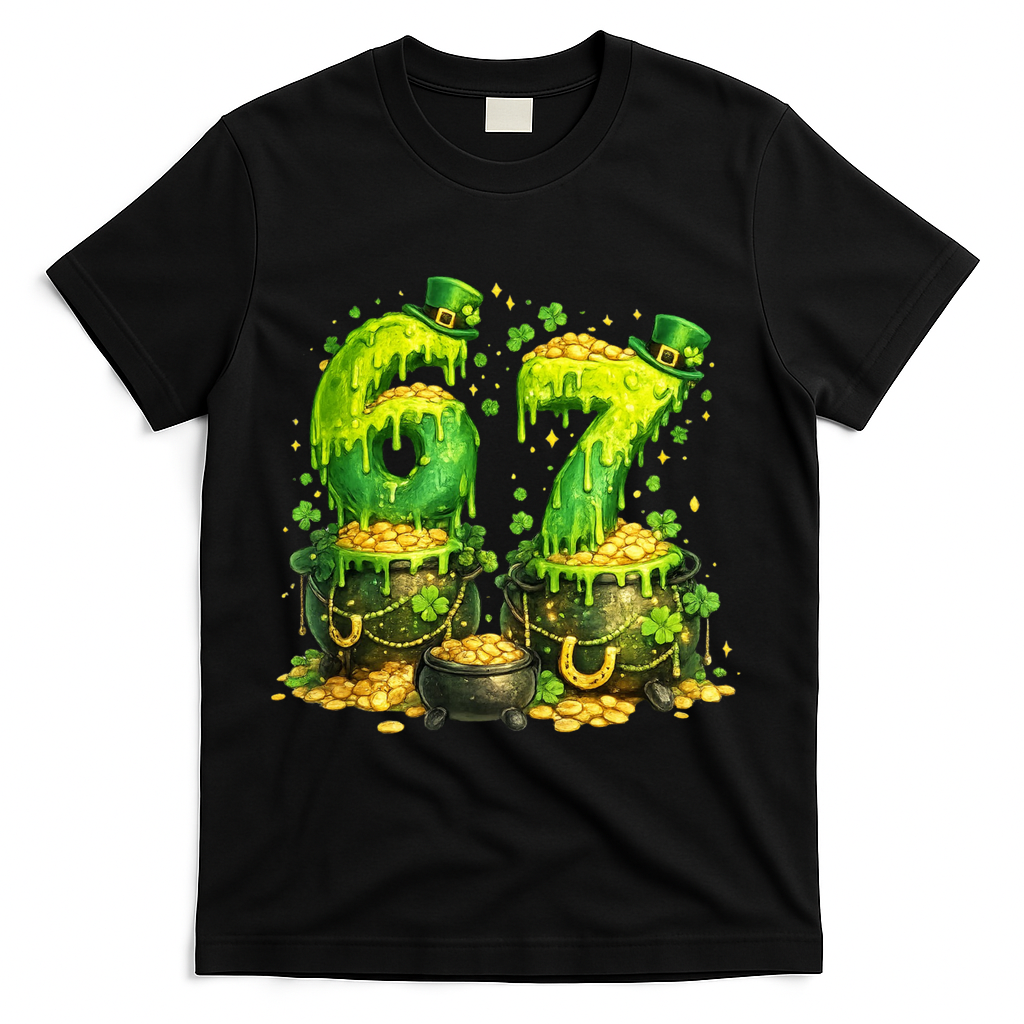 Six Seven Meme 67 St Patricks Day Shamrock T-Shirt - Black