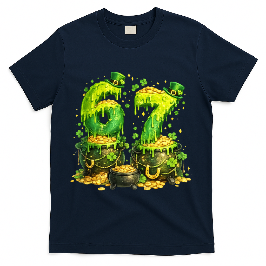 Six Seven Meme 67 St Patricks Day Shamrock T-Shirt - Navy