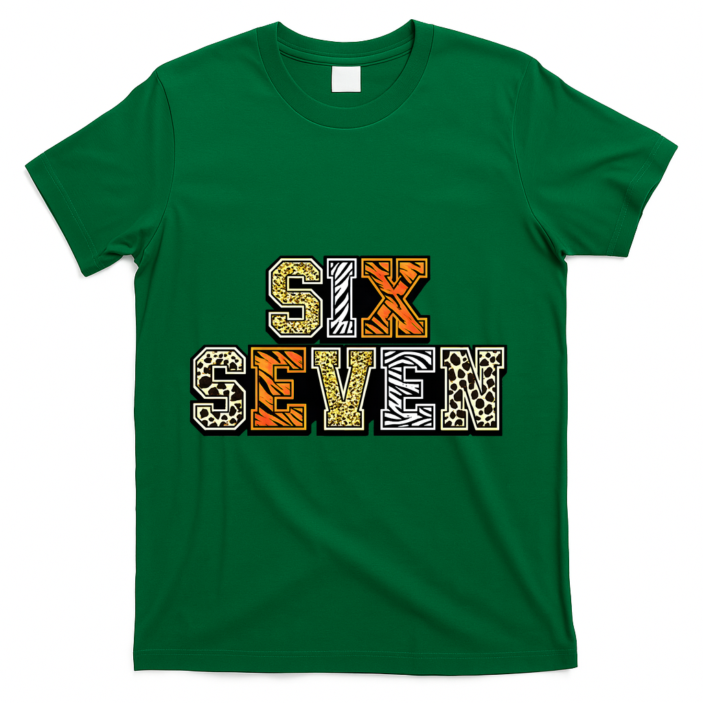 Six Seven Meme Animal Print T-Shirt - Green