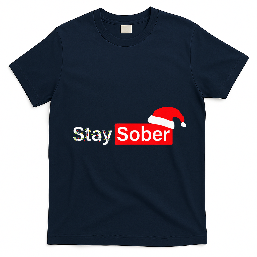 Stay Sober Santa Hat Christmas Xmas T-Shirt - Navy Blue