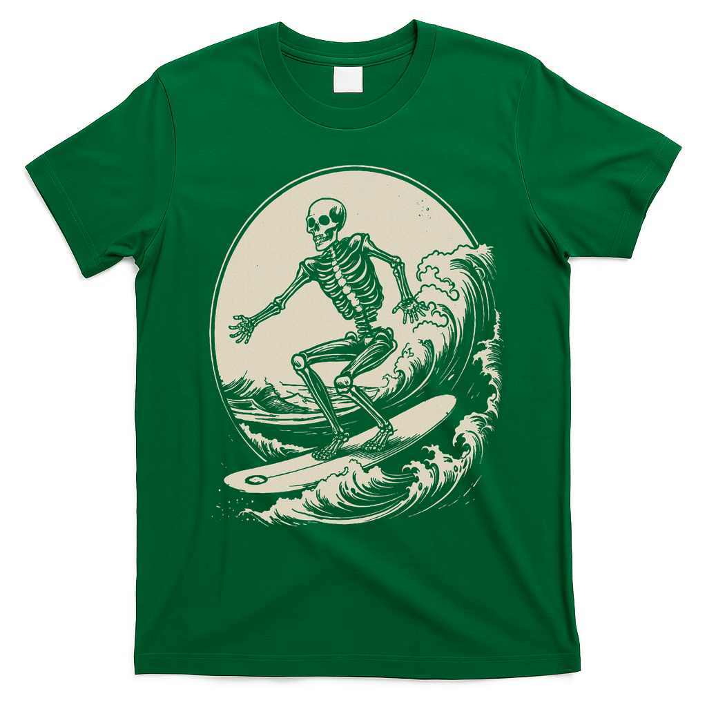 Skeleton Surfer Vintage Big Wave Surfing Funny Halloween T-Shirt - Irish Green