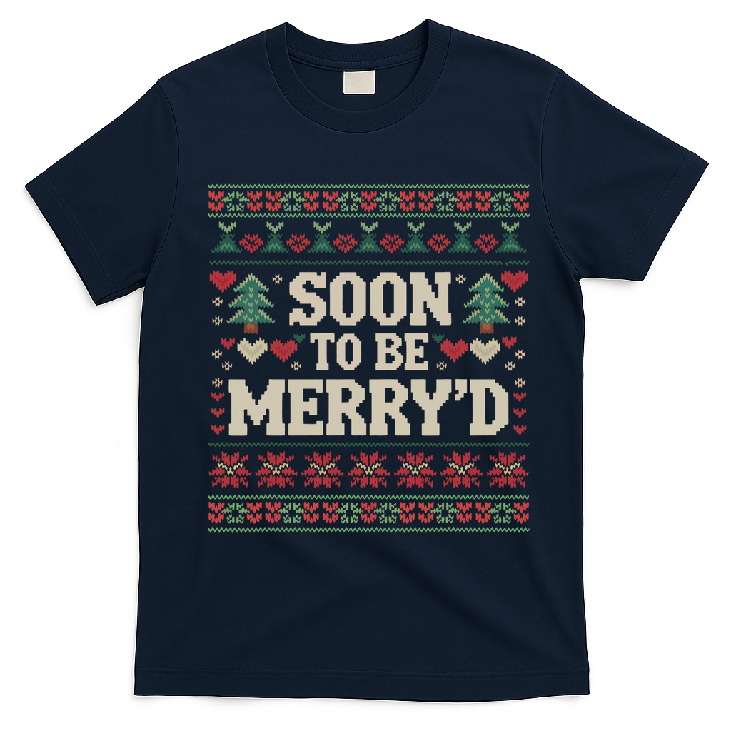 Soon To Be MerryD Engaged Couples Matching Ugly Christmas T-Shirt - Navy Blue