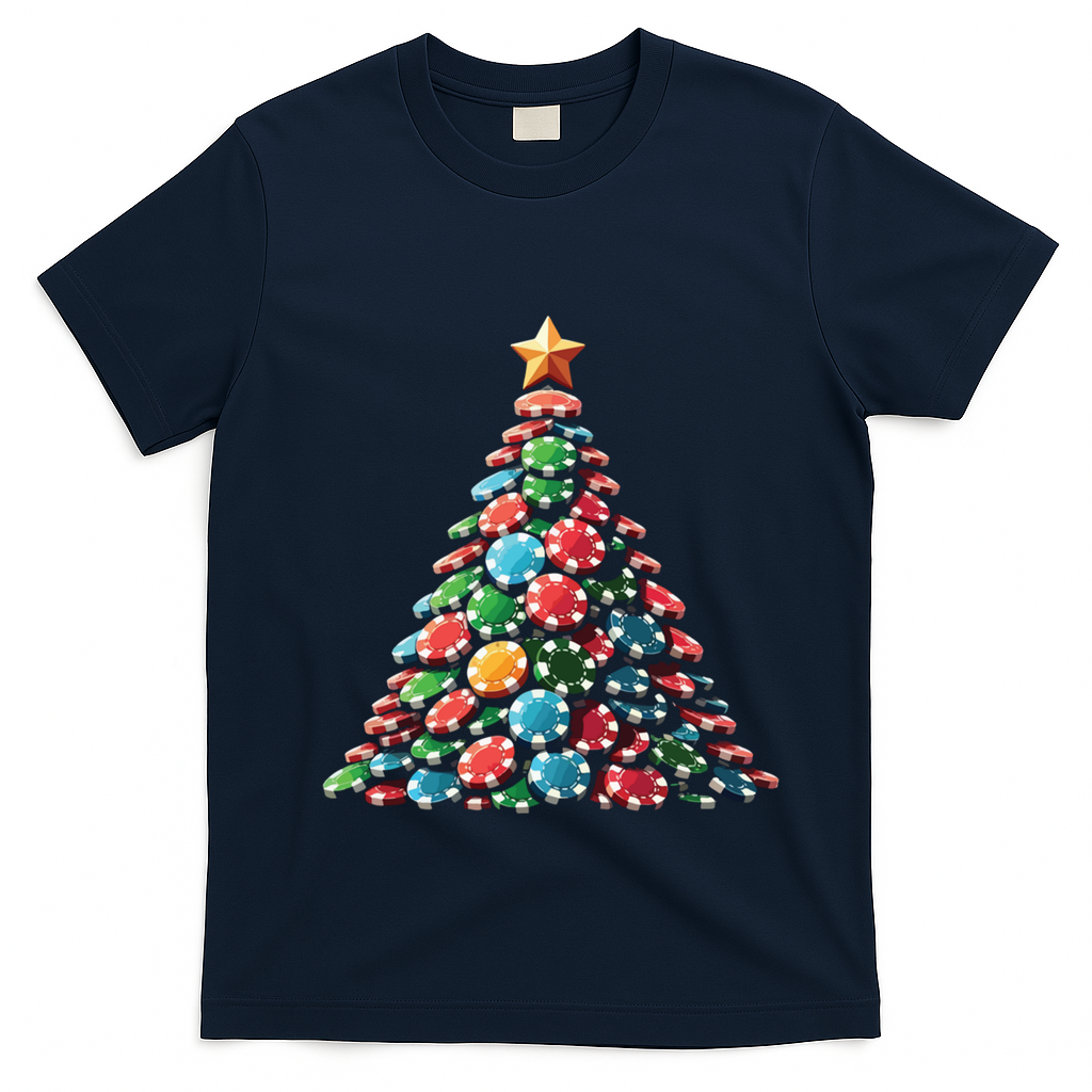 Shuffle Up The Holidays Poker Christmas Tree Vibes Gift T-Shirt - Navy Blue