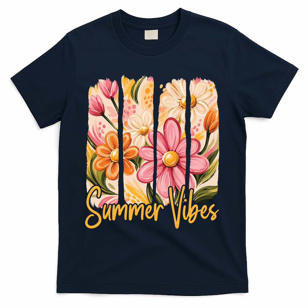 Summer Vibes Floral Beach Life T-Shirt - Navy