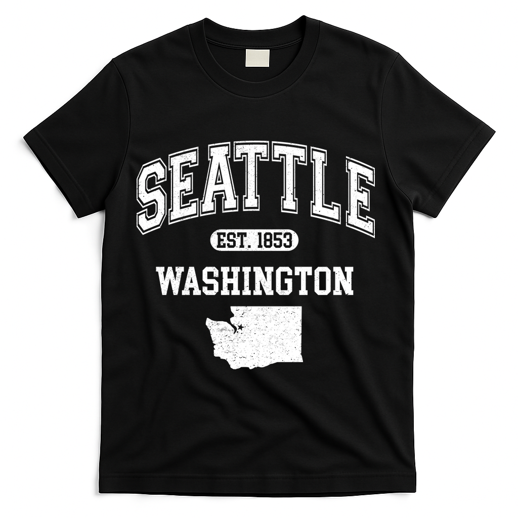 Seattle Washington Est 1853 Varsity T-Shirt - Black