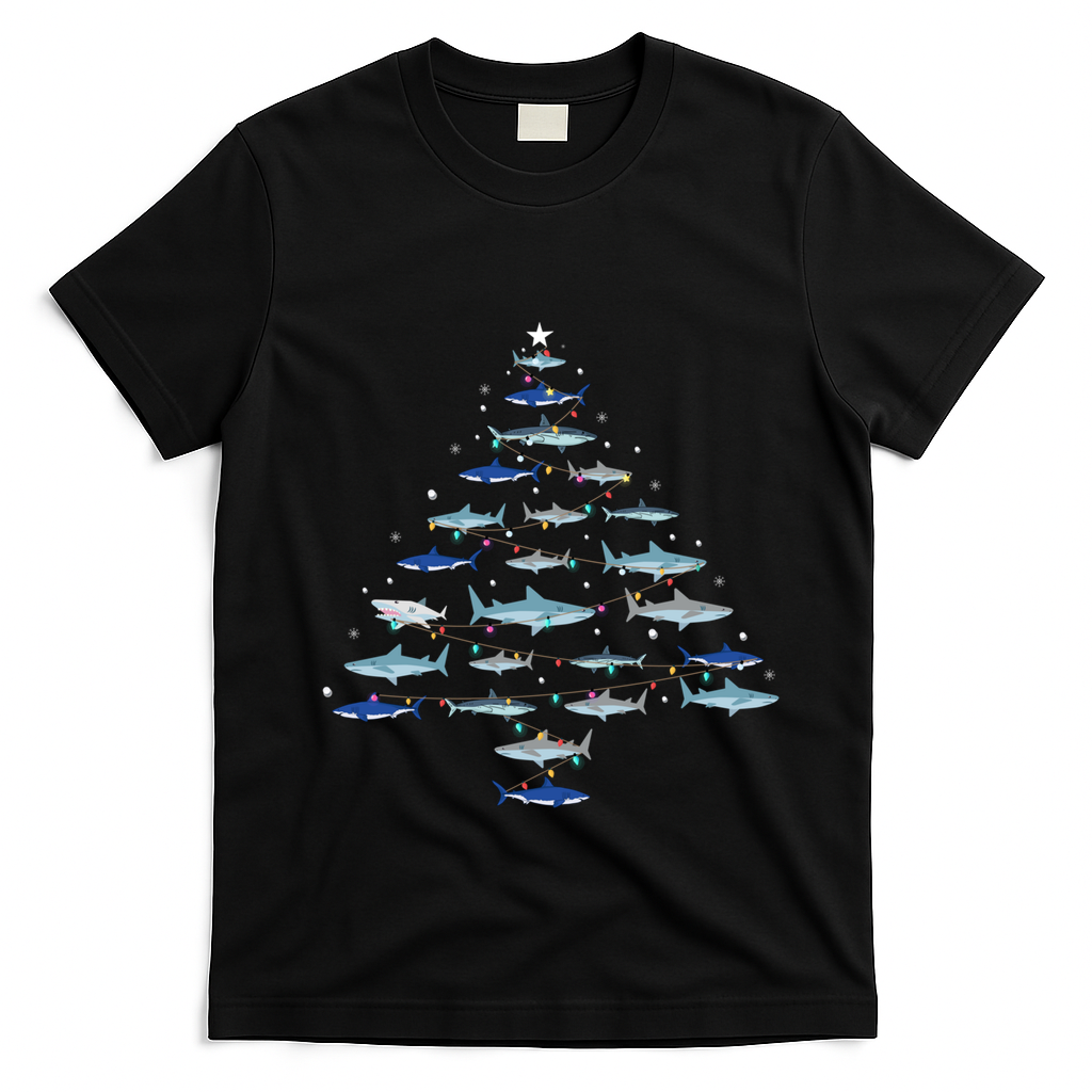 Shark Xmas Tree Holiday Gift Fishing Lover Funny Christmas Gift T-Shirt - Black