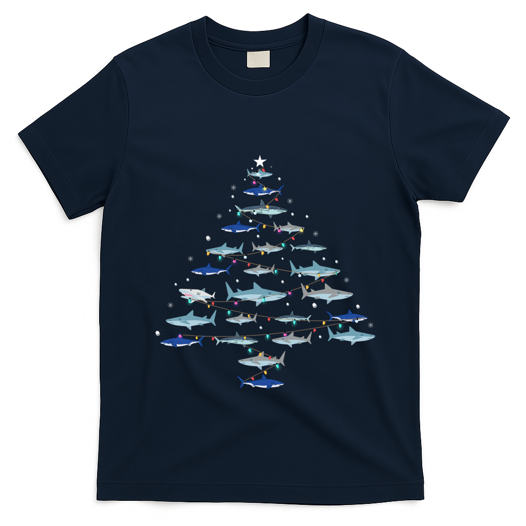Shark Xmas Tree Holiday Gift Fishing Lover Funny Christmas Gift T-Shirt - Navy Blue