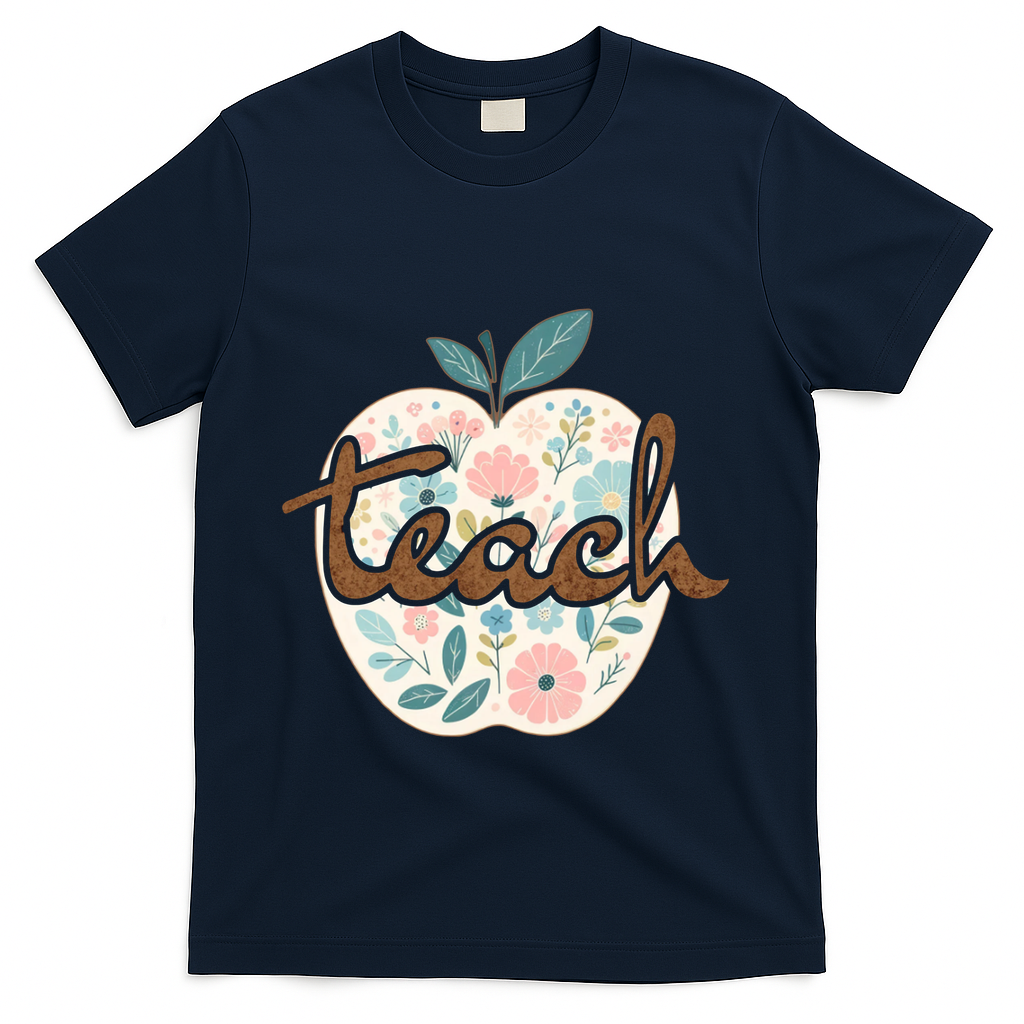 Teacher Apple Floral T-Shirt - Navy