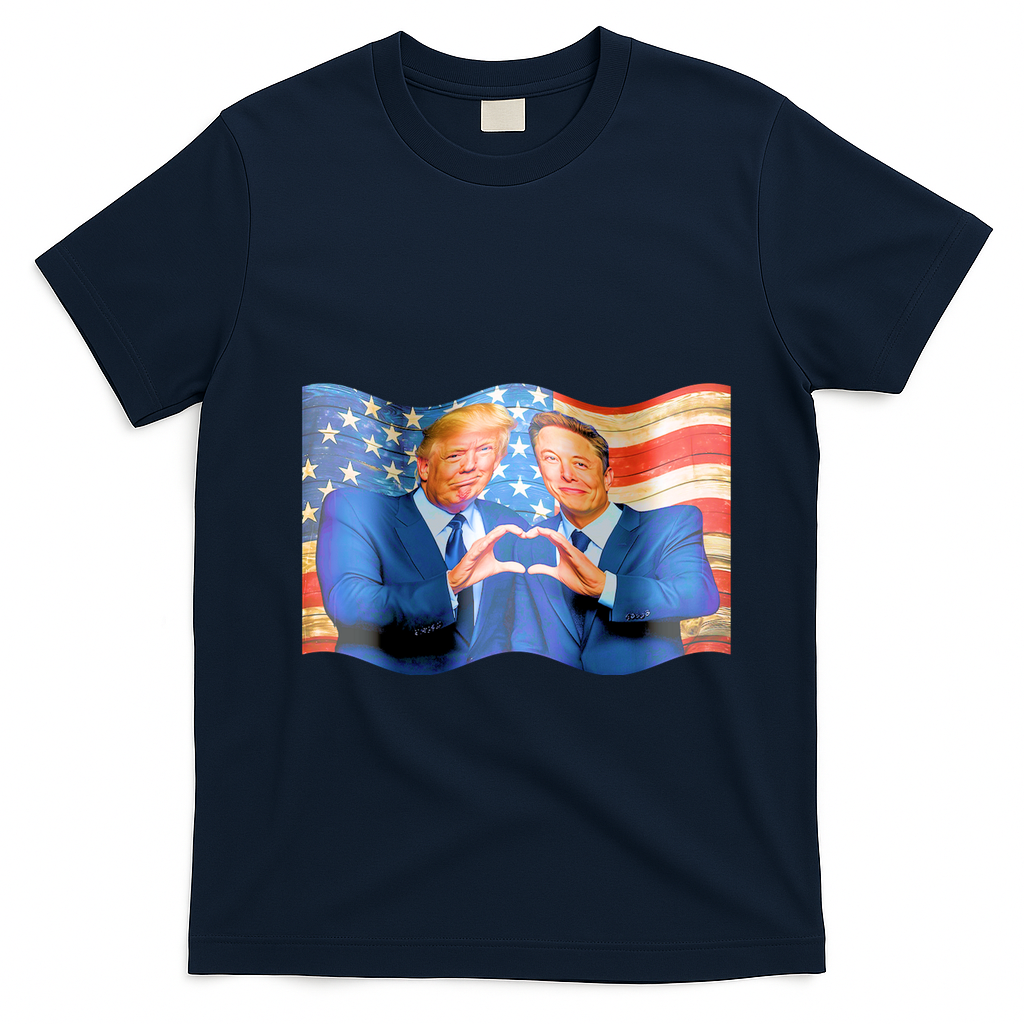 Trump And Musk One Heart Team Funny United States Flag T-Shirt - Navy Blue