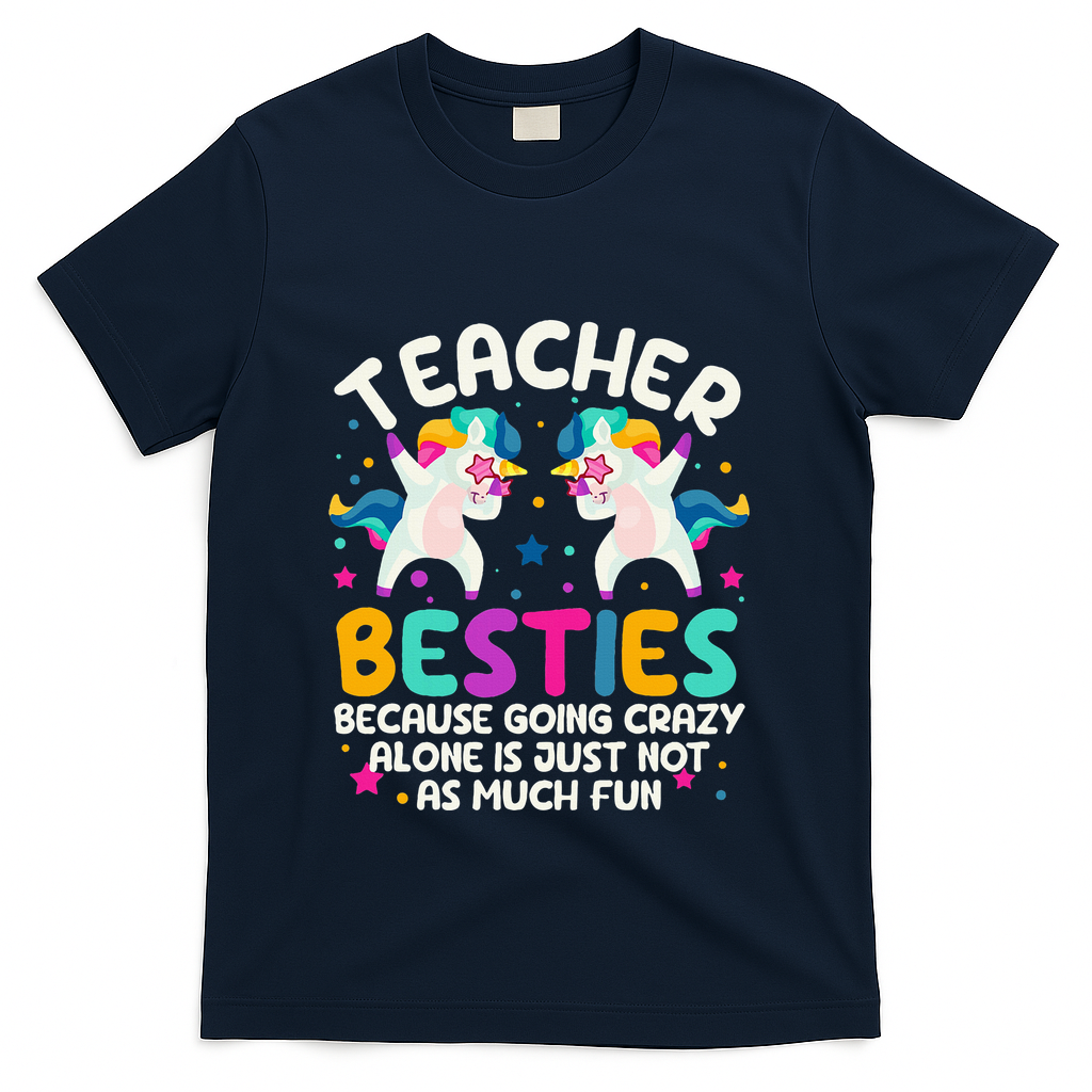 Teacher Besties Because Going Crazy Alone Back To School T-Shirt - Navy