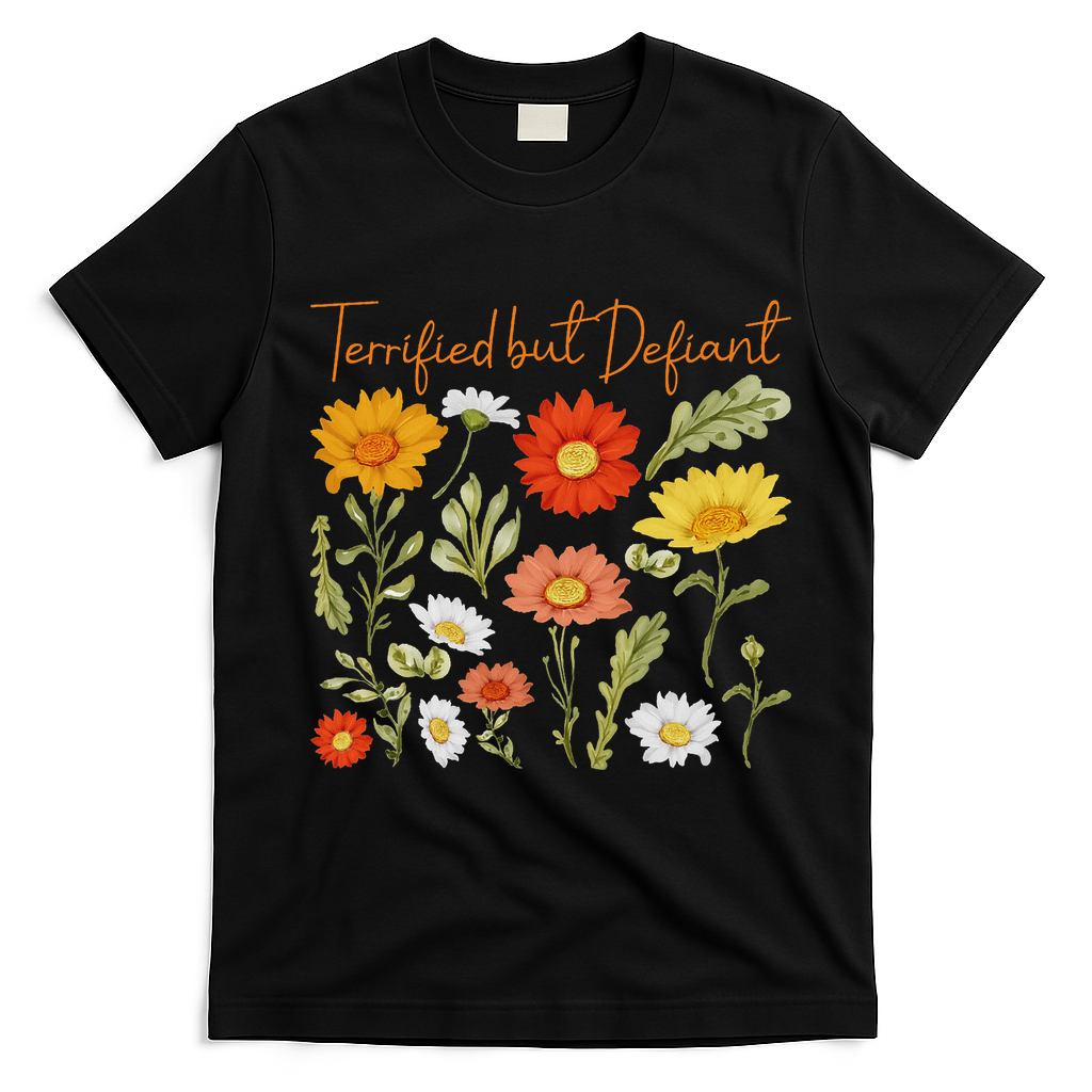 Terrified But Defiant Boho Floral Subtle Anti Trump Flower T-Shirt - Black