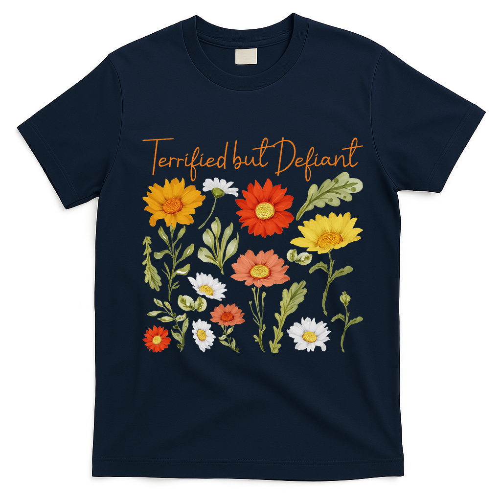 Terrified But Defiant Boho Floral Subtle Anti Trump Flower T-Shirt - Navy Blue