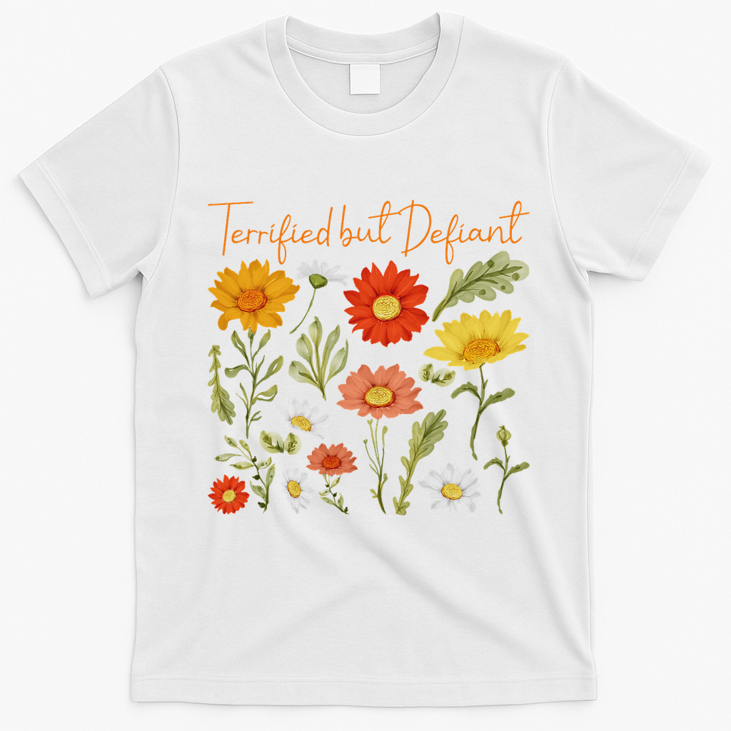 Terrified But Defiant Boho Floral Subtle Anti Trump Flower T-Shirt - White