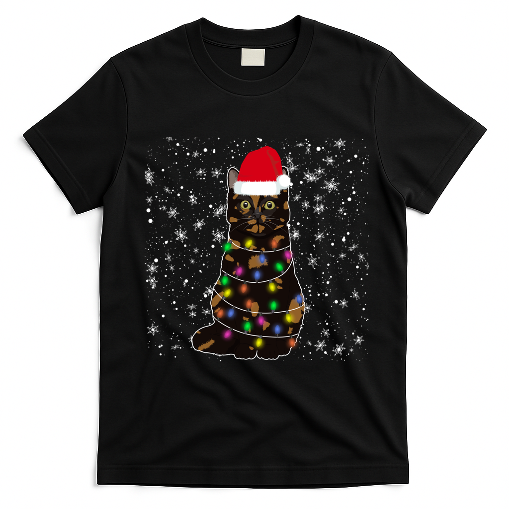 Tortie Cat Christmas Tortie Cat Xmas Party Tortoiseshell Cat Cute Gift T-Shirt - Black