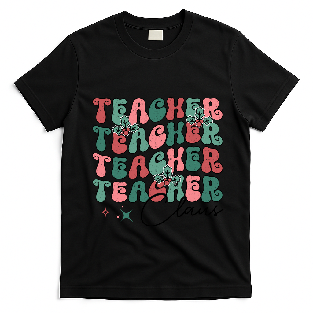Teacher Claus Holiday Graphic T-Shirt - Black