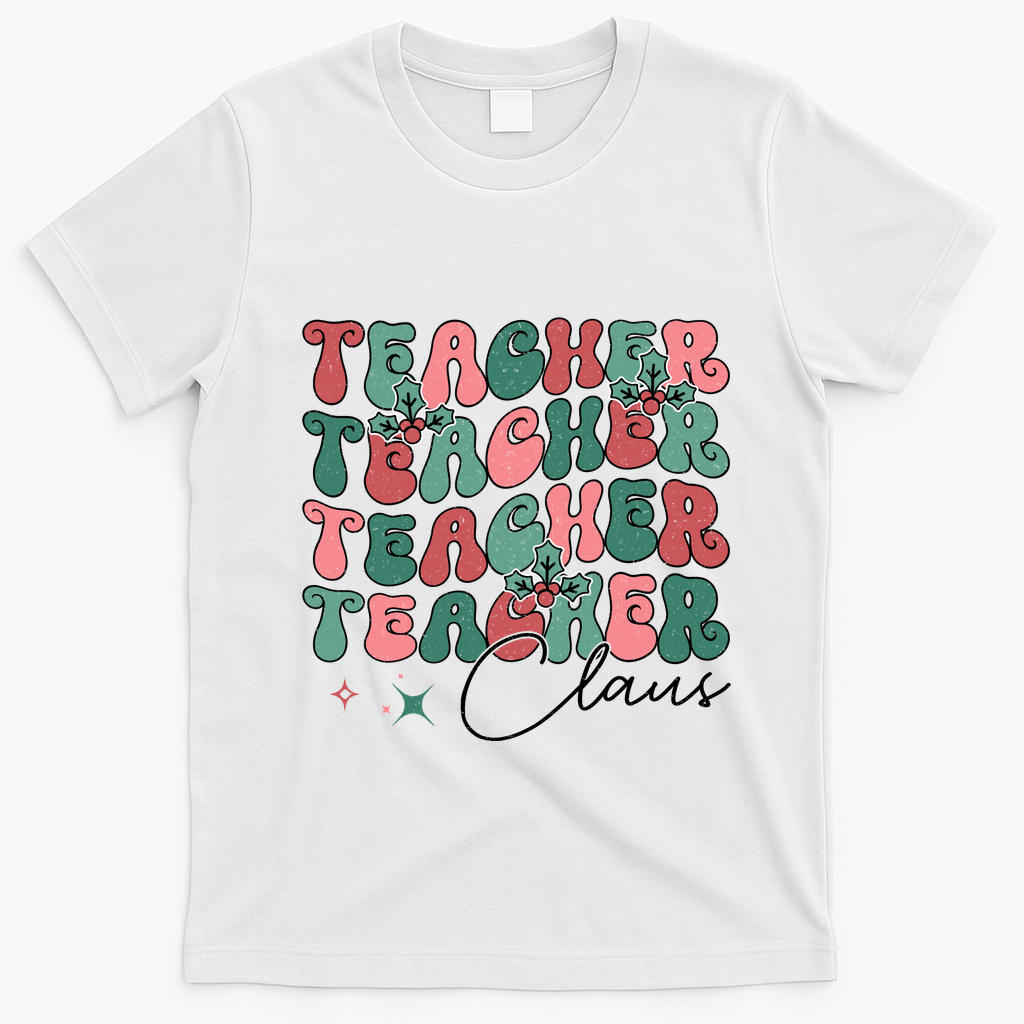 Teacher Claus Holiday Graphic T-Shirt - White
