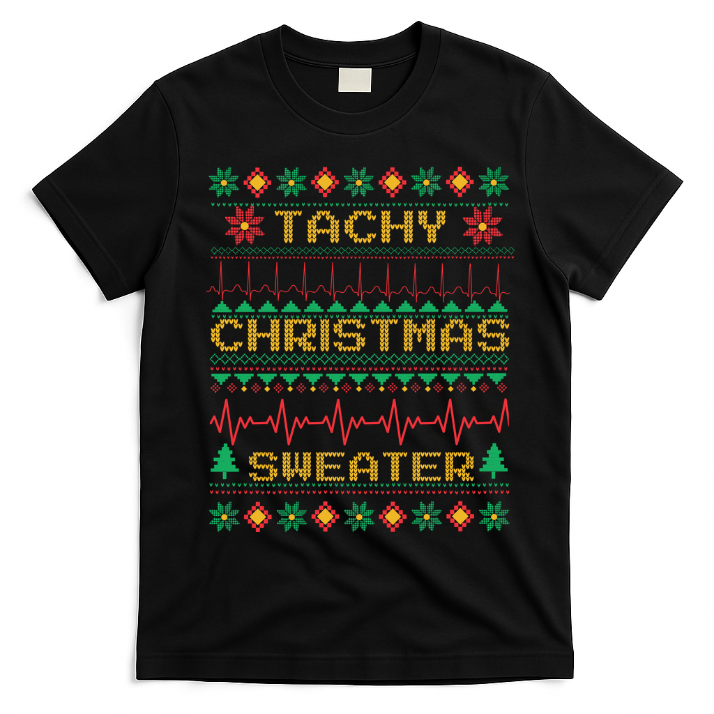 Tachy Christmas Sweater Funny Medical Cardiac Icu Nurse Ugly T-Shirt - Black