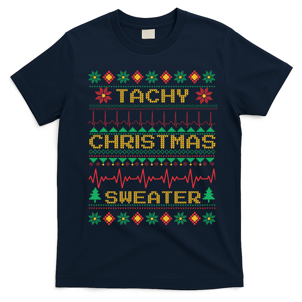 Tachy Christmas Sweater Funny Medical Cardiac Icu Nurse Ugly T-Shirt - Navy Blue