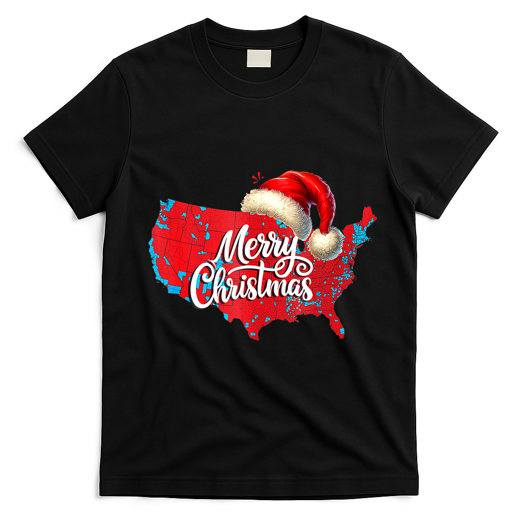 Trump Election Map Merry Christmas Holiday Santa Hat Xmas T-Shirt - Black