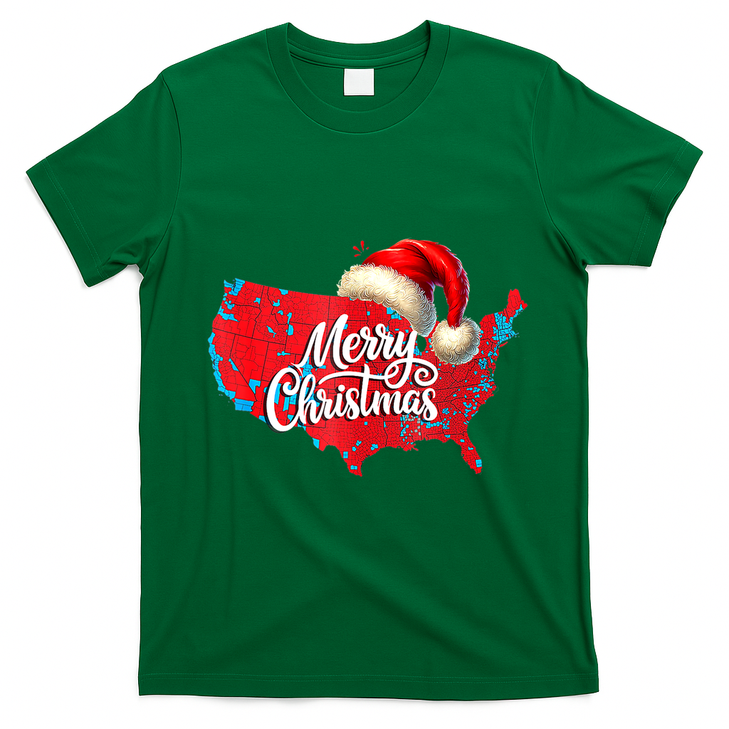 Trump Election Map Merry Christmas Holiday Santa Hat Xmas T-Shirt - Irish Green