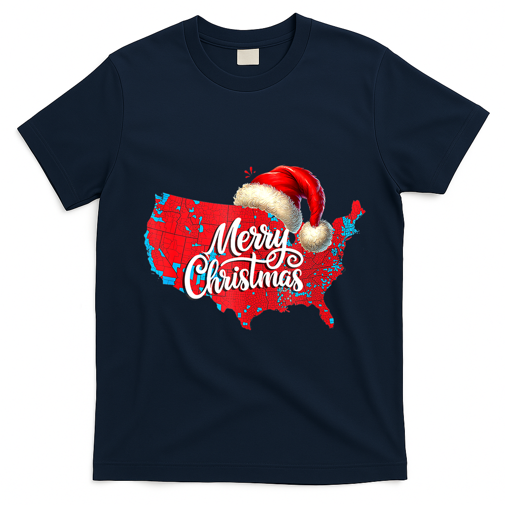 Trump Election Map Merry Christmas Holiday Santa Hat Xmas T-Shirt - Navy Blue
