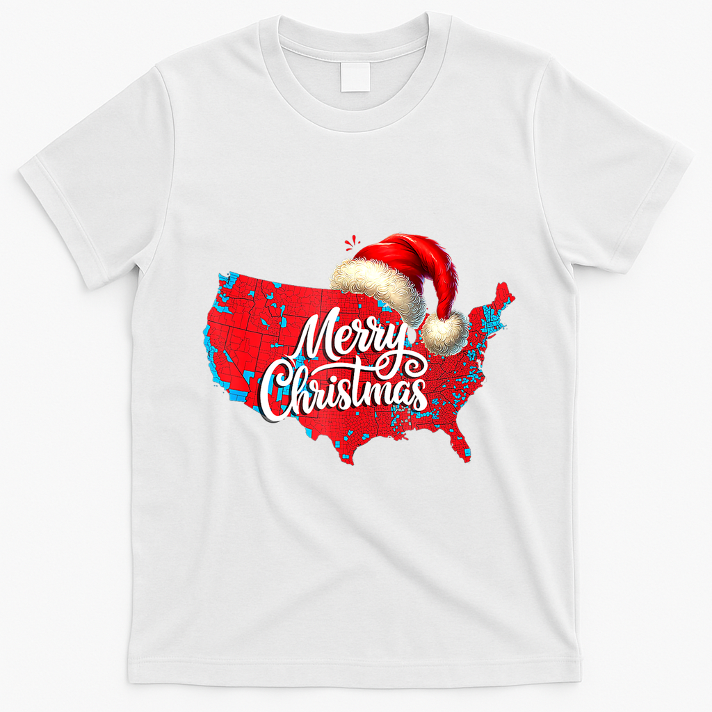 Trump Election Map Merry Christmas Holiday Santa Hat Xmas T-Shirt - White