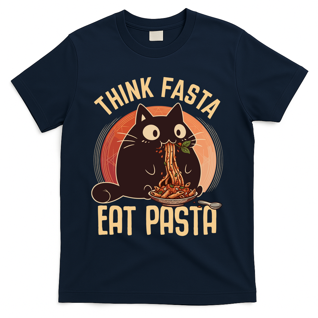Think Fasta Eat Pasta Cat T-Shirt - Navy
