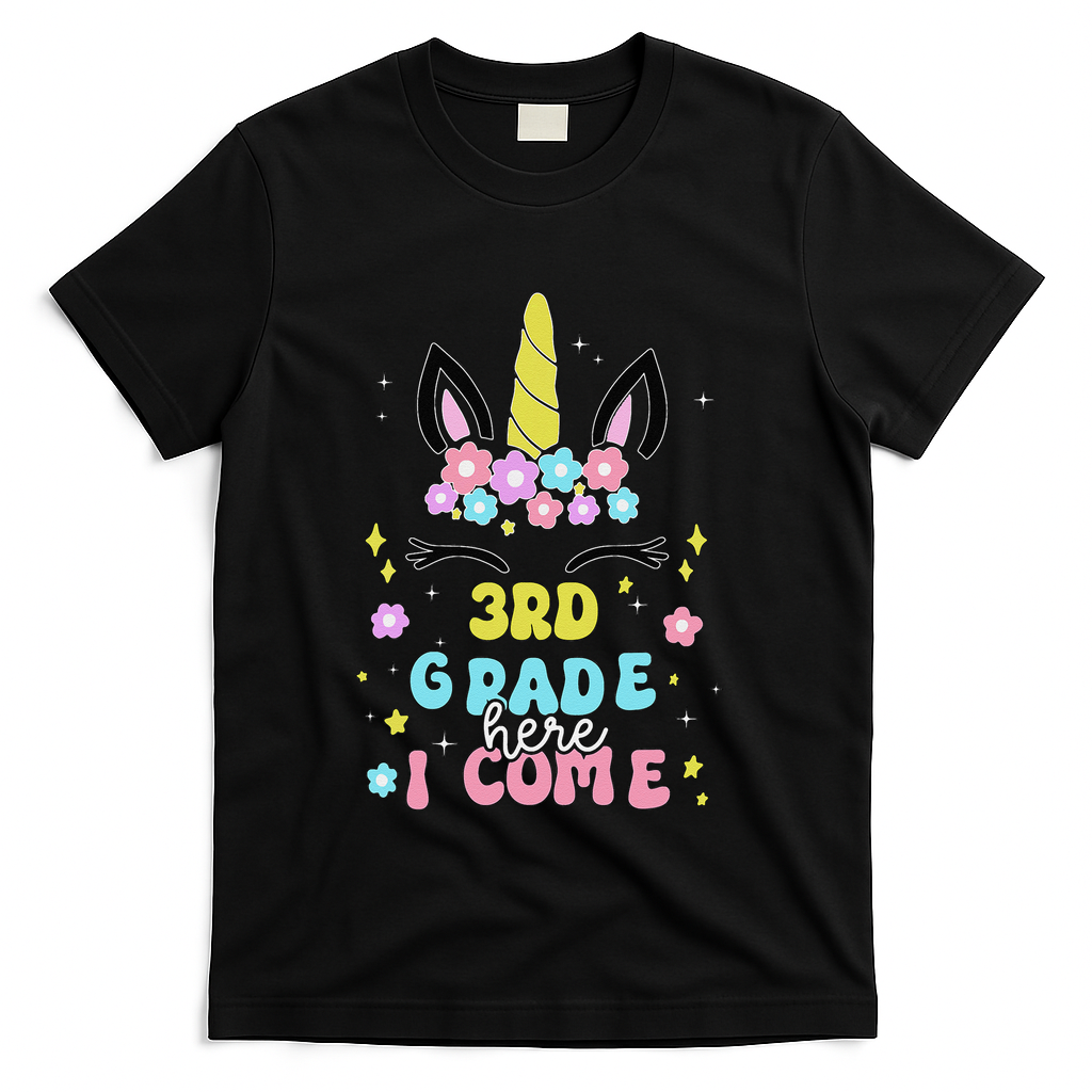 Third Grade Here I Come Unicorn Back To School T-Shirt - Black