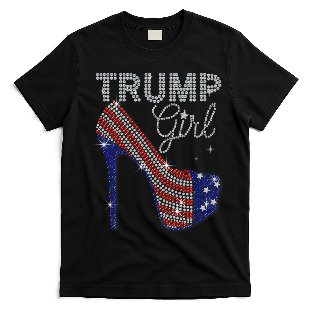 Trump Girl High Heel Faux Rhinestone Us Flag Vote Trump 2024 T-Shirt - Black
