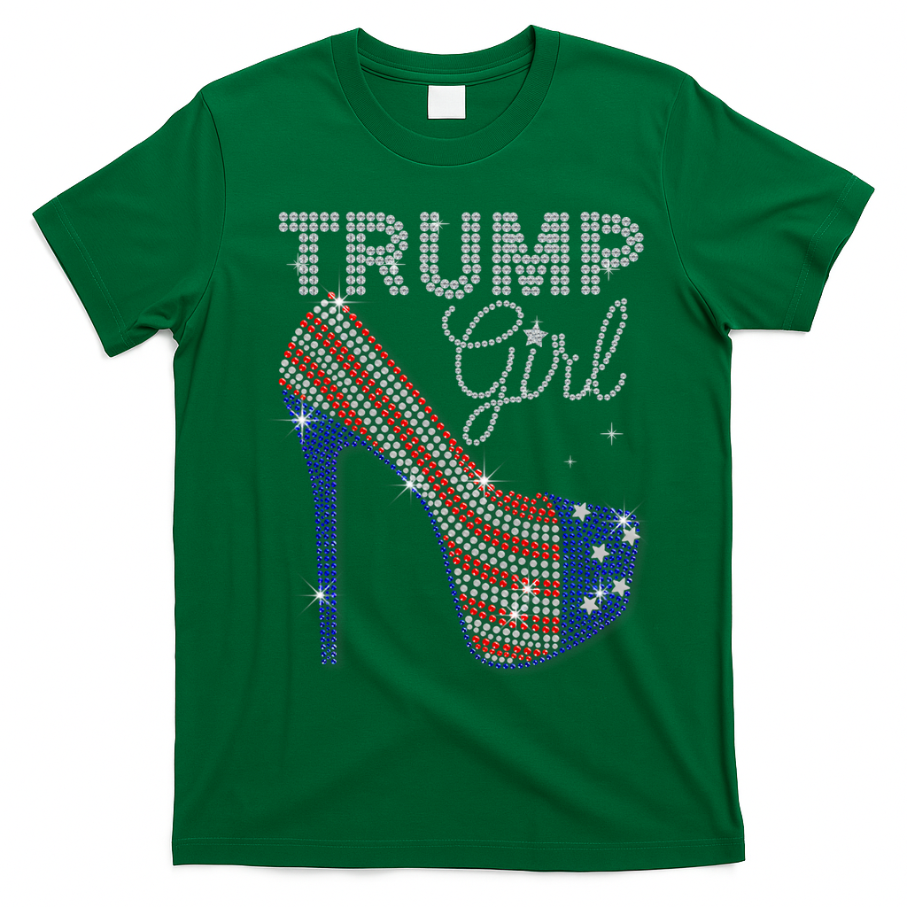 Trump Girl High Heel Faux Rhinestone Us Flag Vote Trump 2024 T-Shirt - Irish Green