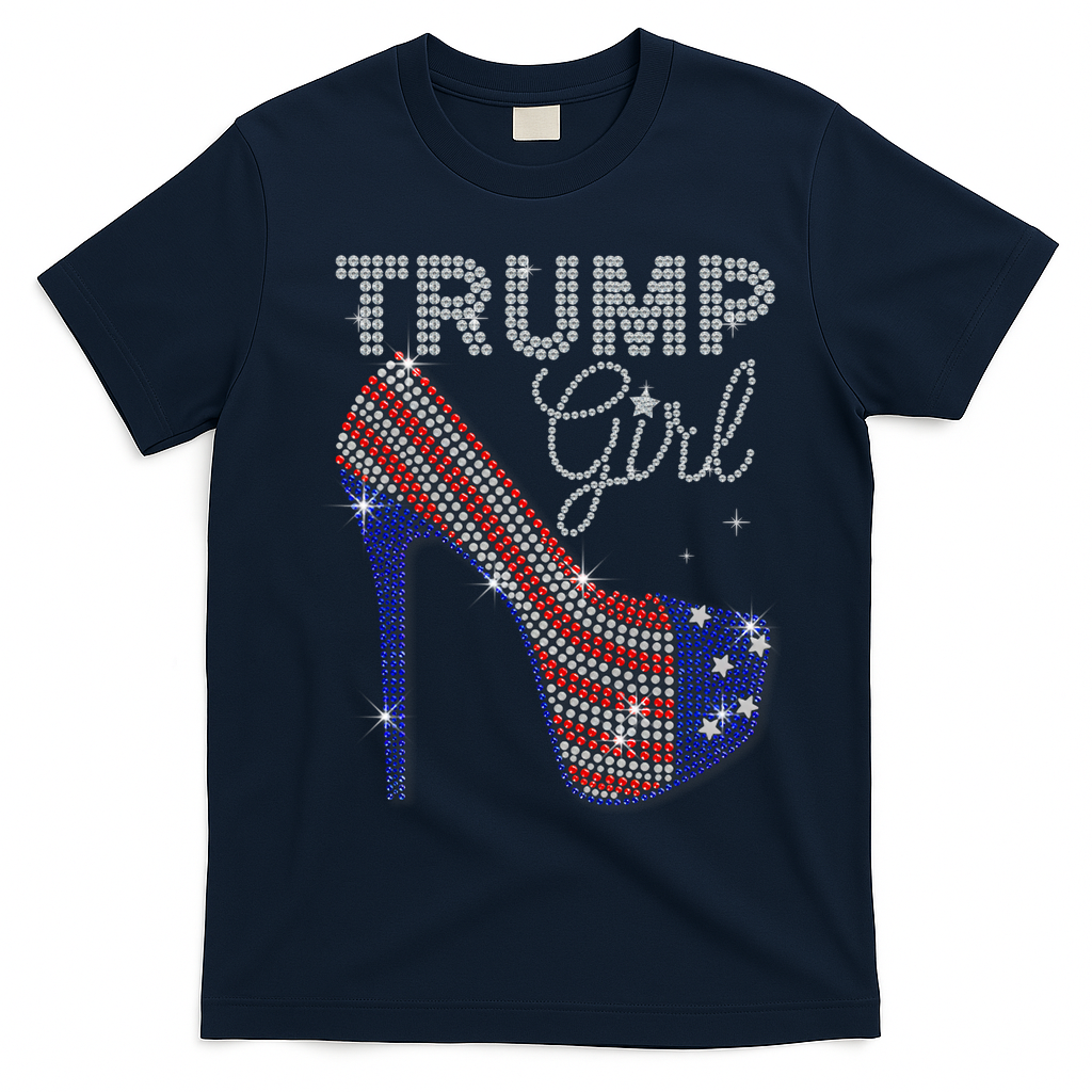 Trump Girl High Heel Faux Rhinestone Us Flag Vote Trump 2024 T-Shirt - Navy Blue