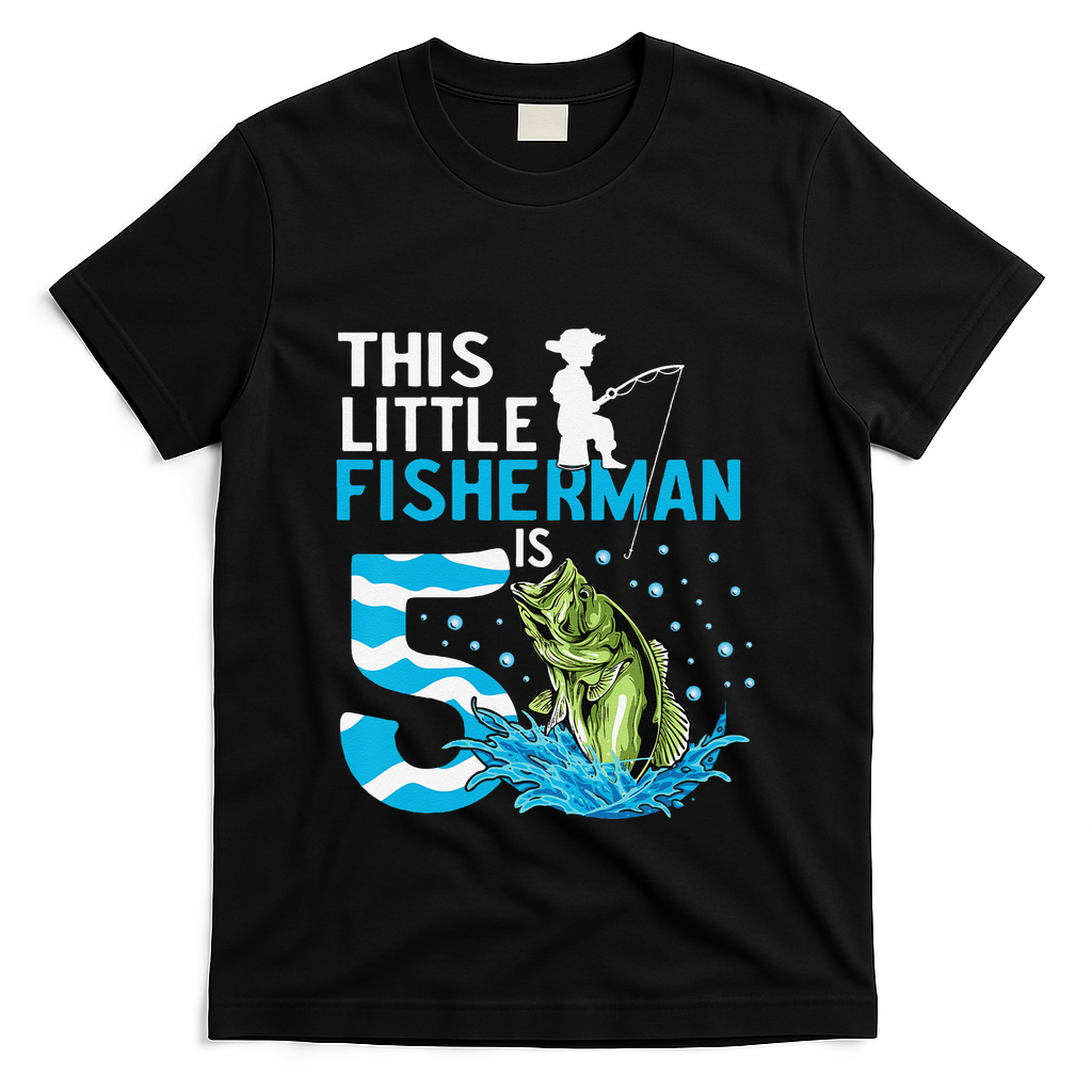 This Little Fisherman Is 5 Fishing 5 Years Old Birthday T-Shirt