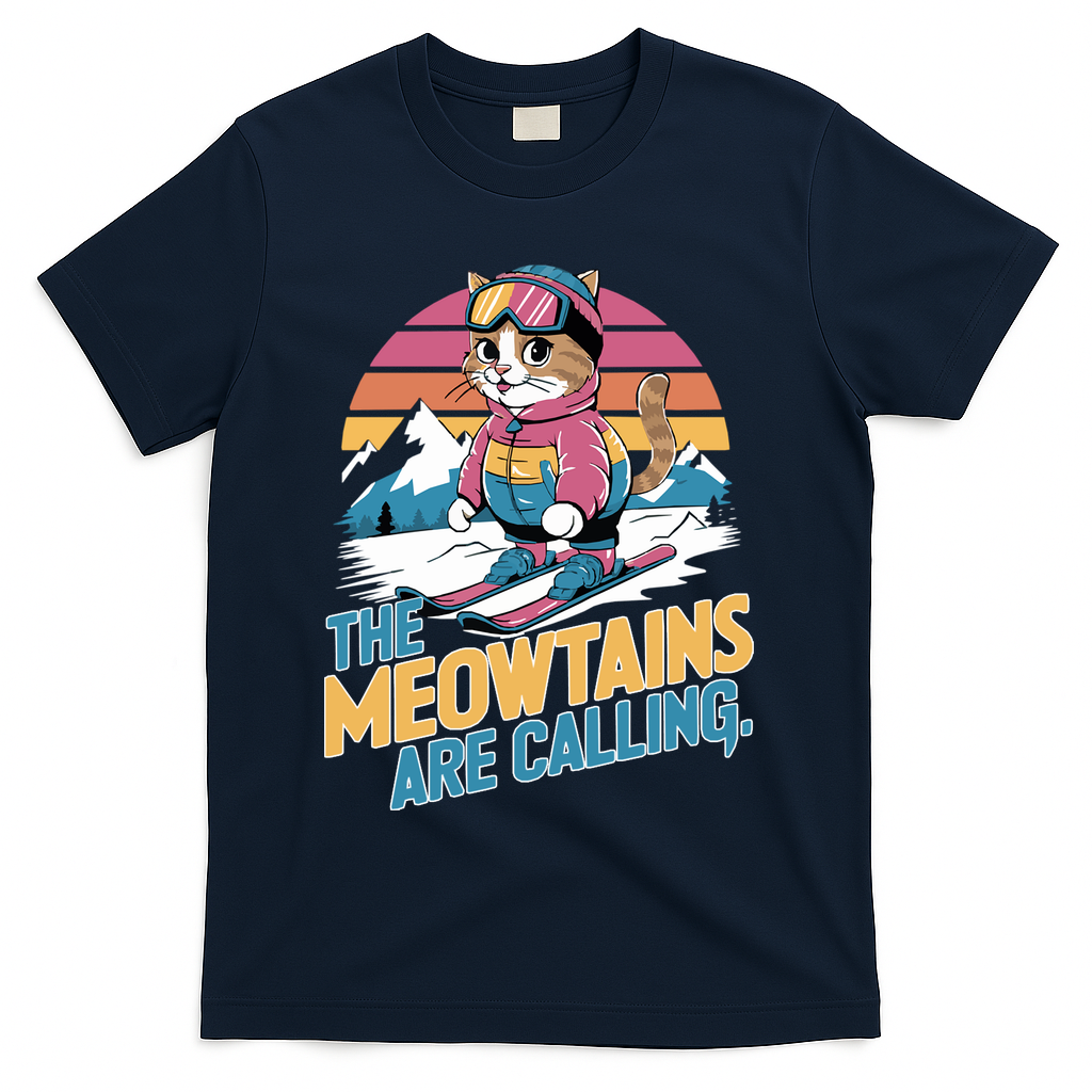 The Meowtains Are Calling Cat Lover Cool Snowboard Ski Lover  T-Shirt - Navy