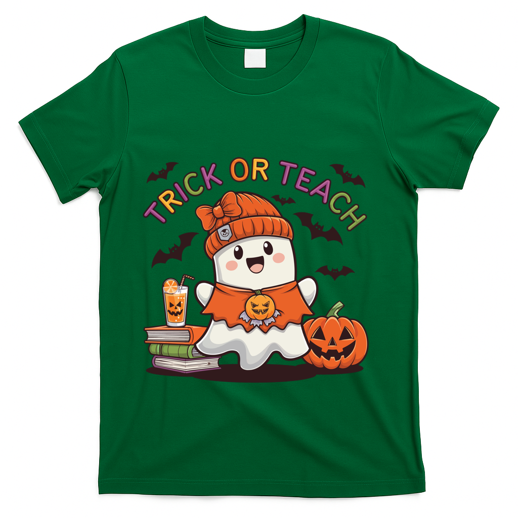 Trick Or Teach Back To School Cute Ghost Halloween Teachers Gift T-Shirt - Green